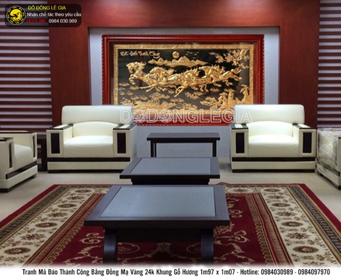 Tranh đồng Bát mã khung gỗ Hương 197x107cm mạ vàng 24k