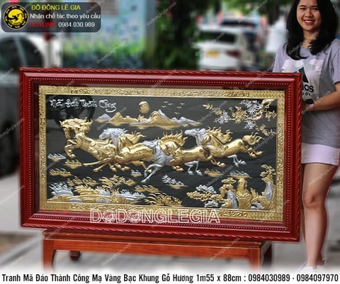 Tranh Bát Mã mạ vàng bạc khung gỗ hương 1m55 x 88cm