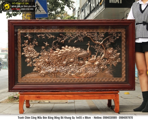 Tranh đồng Chim Công Mẫu Đơn khổ 1m55