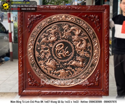 Mâm đồng chữ Phúc chạm tứ linh bằng đồng đỏ khung gỗ gụ KT 1m33