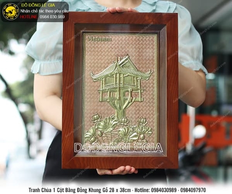 Tranh Chùa Một Cột bằng đồng khung gỗ 28x38cm