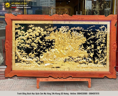 Tranh đồng bách hạc quần sơn mạ vàng 24k