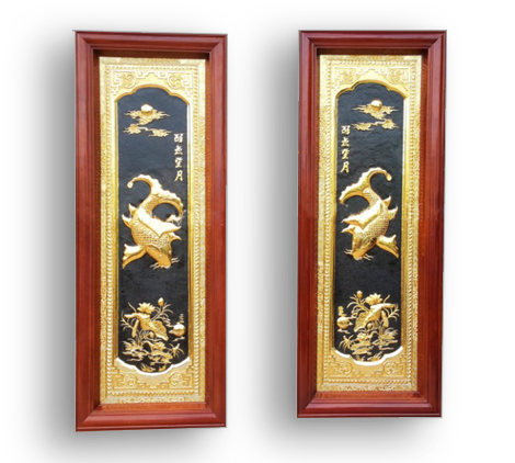 Tranh lý ngư vọng nguyệt mạ vàng 24k