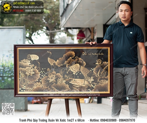 Tranh Sen Hạc Phú Quý Trường Xuân vẽ xước 1m27 x 68cm