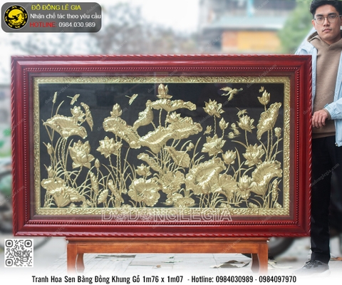 Tranh Hoa Sen Bằng Đồng Khung Gỗ 1m76 x 1m07