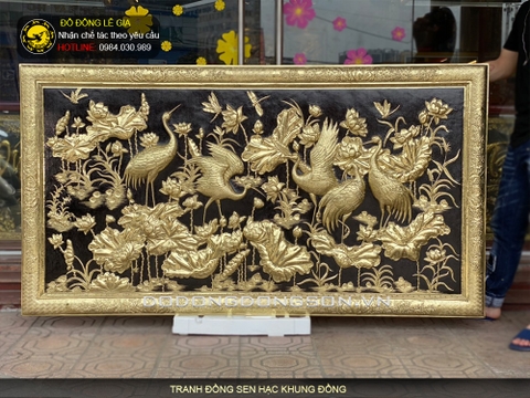 Tranh đồng sen hạc khung đồng 197x107cm