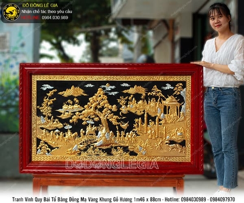 Tranh Vinh Quy Bái Tổ mạ vàng bạc khung gỗ hương 1m46x88cm
