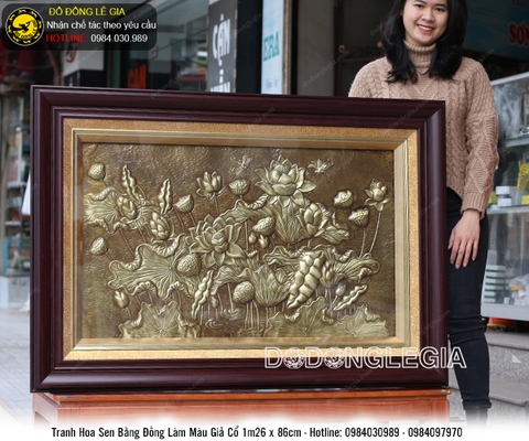 Tranh hoa sen bằng đồng làm màu giả cổ 1m26x86cm