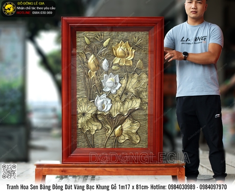 Tranh Hoa Sen Bằng Đồng Dát Vàng Bạc Khung Gỗ 1m17 x 81cm