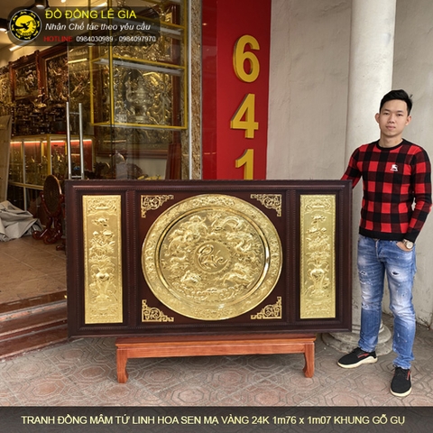 Tranh mâm tứ linh hoa sen mạ vàng 24k