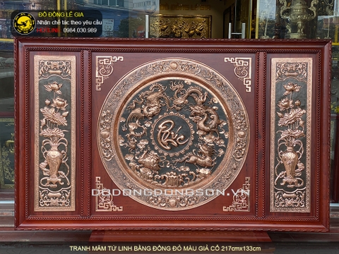 Tranh mâm tứ linh chữ Phúc bằng đồng đỏ giả cổ