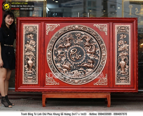 Tranh đồng mâm tứ linh hoa sen khung gỗ hương