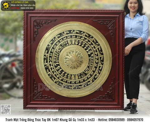 Tranh Mặt Trống Đồng Thúc Tay ĐK 1m Khung Gỗ Gụ 1m33 x 1m33