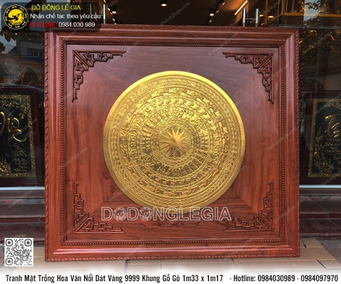 Tranh Mặt Trống Đồng Hoa Văn Nổi dát vàng 9999 đk 80cm khung gỗ gõ 1m33 x 1m17