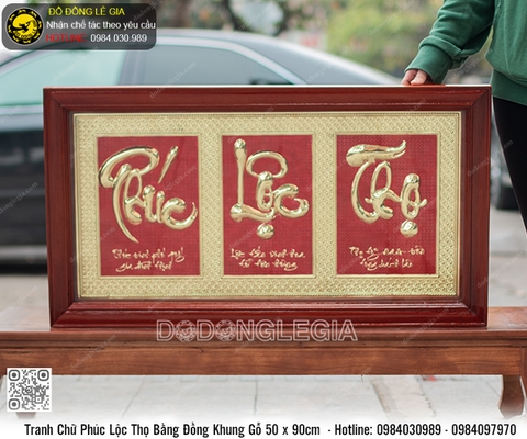 Tranh Chữ Phúc Lộc Thọ bằng đồng khung gỗ 50 x 90cm