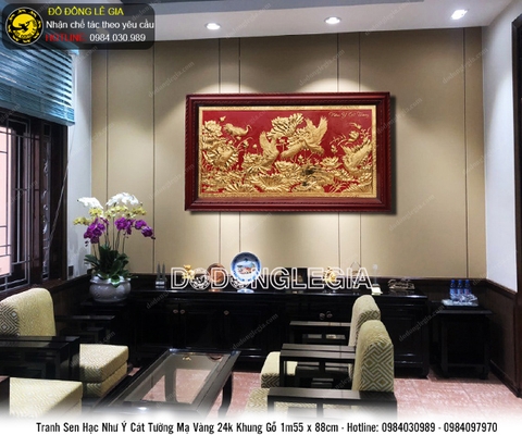 Tranh sen hạc Như Ý Cát Tường mạ vàng 24k