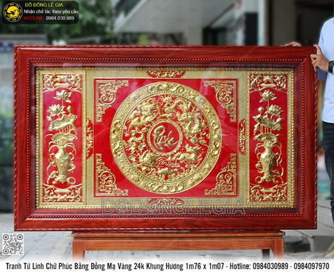 Tranh Tứ Linh Chữ Phúc bằng đồng mạ vàng 24k khung gỗ hương 1m76x1m07