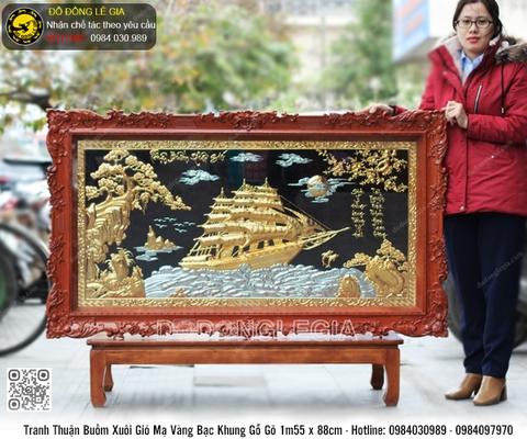 Tranh Thuận Buồm Xuôi Gió Mạ Vàng Bạc Khung Gỗ Gõ 1m55 x 88cm