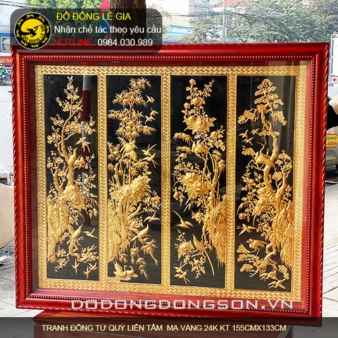 Tranh đồng tứ quý liền tấm mạ vàng 24k