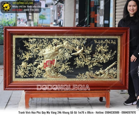 Tranh vinh hoa phú quý mạ vàng 24k khung gỗ gõ 1m76x86cm