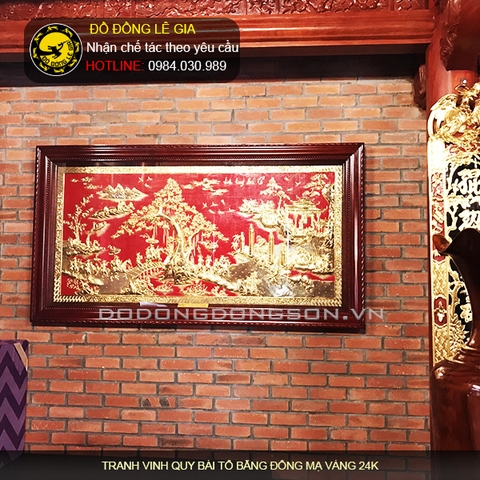 Tranh Vinh quy bái tổ bằng đồng mạ vàng 24k nền đỏ