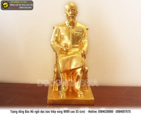 Tượng đồng Bác Hồ ngồi đọc báo thếp vàng 9999