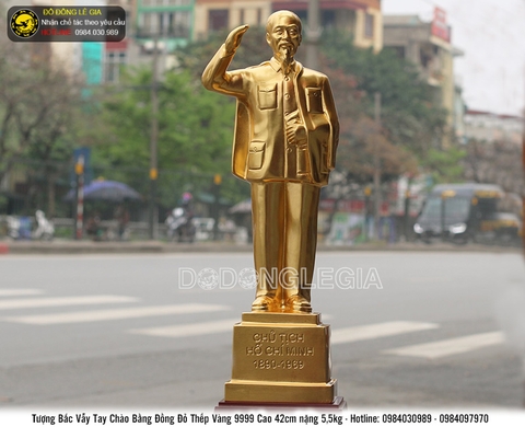 Tượng Bác Hồ vẫy tay bằng đồng đỏ cao 42cm thếp vàng 9999