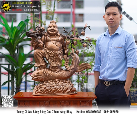 Tượng Di Lặc Cưỡi Cá Chép đồng đỏ cao 76cm