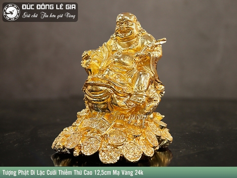 Tượng Phật Di Lặc Cưỡi Cóc bằng đồng mạ vàng 24k cao 12cm