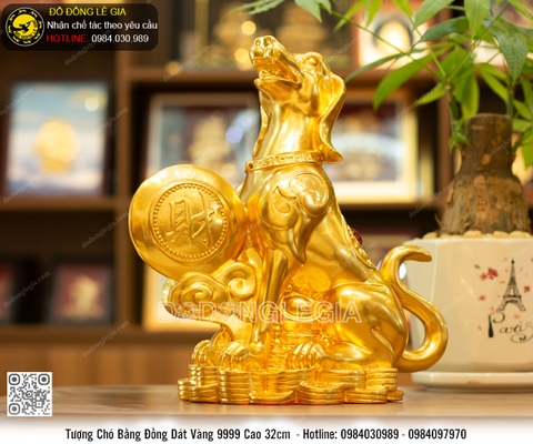 Tượng linh vật Tuất bằng đồng dát vàng 9999 cao 32cm