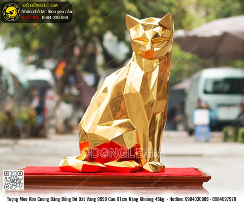 Tượng Mèo Kim Cương bằng đồng đỏ dát vàng 9999 cao 61cm
