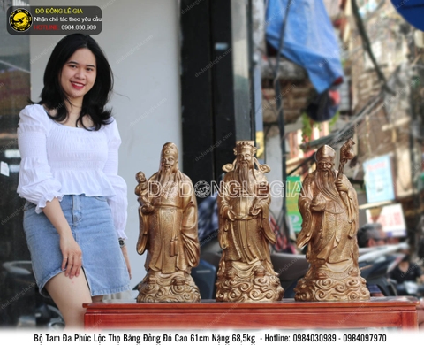Bộ tượng Phúc Lộc Thọ bằng đồng đỏ cao 61cm
