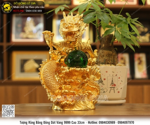 Tượng Rồng Nhả Ngọc bằng đồng dát vàng 9999 cao 33cm