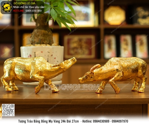 Tượng Đôi Trâu Xanh Giả Cổ mạ vàng 24k dài 27cm