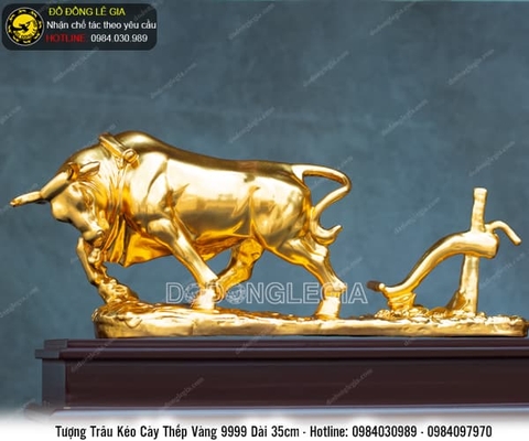 Tượng Trâu Kéo Cày thếp vàng 9999 dài 35cm