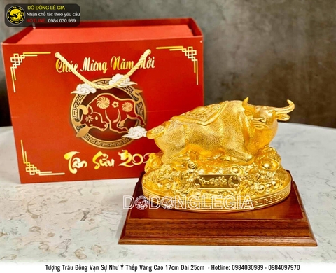Tượng Trâu Vạn sự như ý bằng đồng thếp vàng 9999