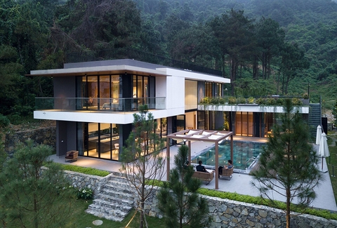 Thiết kế mẫu biệt thự hiện đại với hồ bơi lớn giữ rừng núi