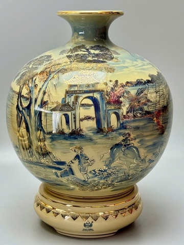 Bình hút tài lộc H35 vs H40 làng quê sơn thủy hữu tình vân mây xanh coban gốm Chu Đậu vẽ vàng 24k