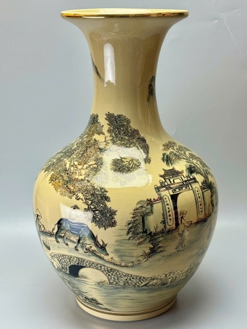 Bình phú quý H65 cảnh quê hương gốm Chu Đậu vẽ vàng