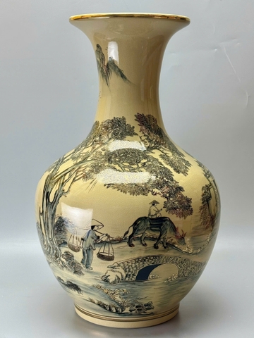 Bình phú quý H65 cảnh quê hương gốm Chu Đậu vẽ vàng