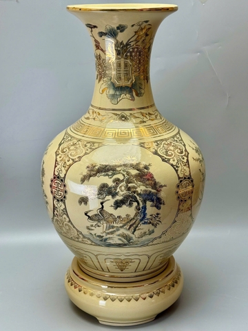 Bình phú quý cao 75cm tứ cảnh sơn thủy gốm Chu Đậu vẽ vàng