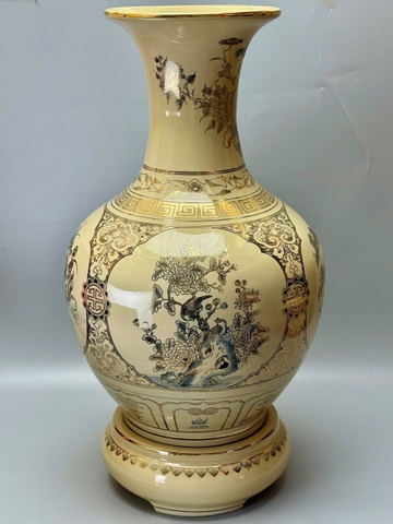 Bình phú quý cao 75cm tứ cảnh sơn thủy gốm Chu Đậu vẽ vàng