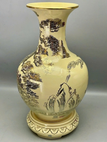 Bình phú quý H65 tùng hạc gốm Chu Đậu vẽ vàng