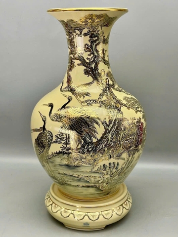 Bình phú quý H65 tùng hạc gốm Chu Đậu vẽ vàng