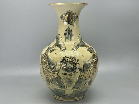 Bình Phú Quý Lý Ngư Vọng Nguyệt Đắp Nổi H50 Gốm Chu Đậu Vẽ Vàng