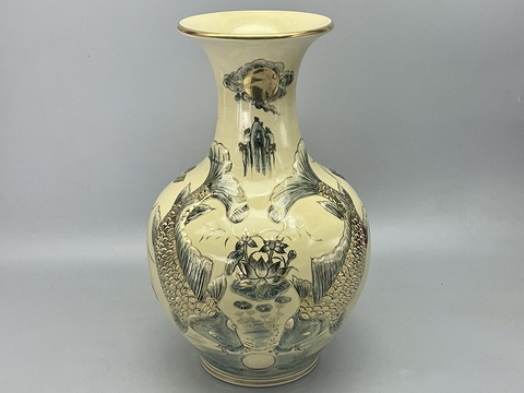 Bình Phú Quý Lý Ngư Vọng Nguyệt Đắp Nổi H50 Gốm Chu Đậu Vẽ Vàng