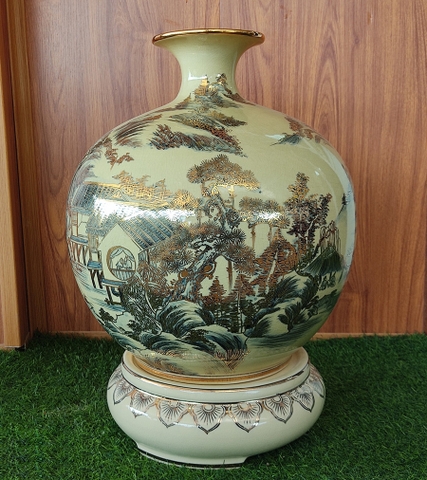 Bình Tích Tài Lộc Sơn Thủy Hữu Tình H45 Gốm Chu Đậu Vẽ Vàng Kim