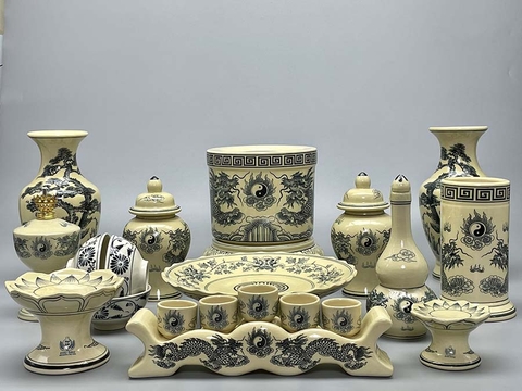 Set 6 Bộ Đồ Thờ Họa Tiết Chìm Gốm Chu Đậu Truyền Thống