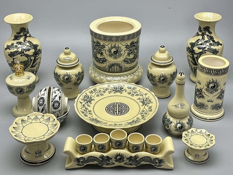 Set 6 Bộ Đồ Thờ Họa Tiết Chìm Gốm Chu Đậu Truyền Thống