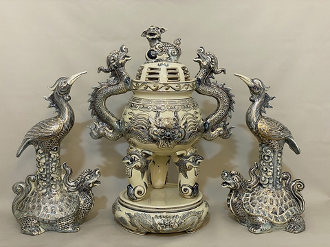 Bộ Đỉnh Hạc Gốm Chu Đậu Vẽ Vàng Kim RG-ĐHVK